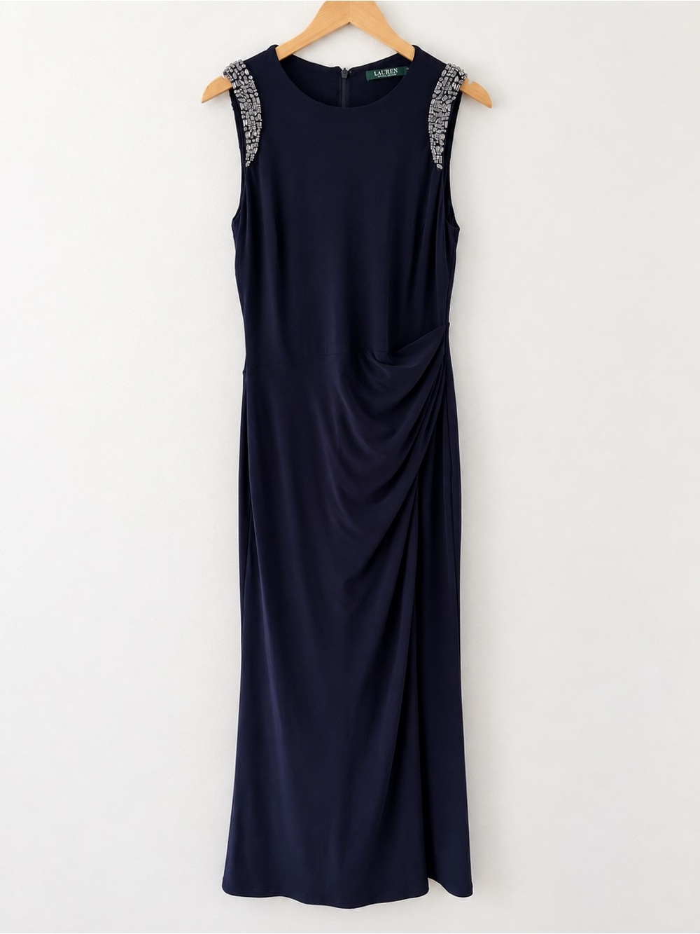 Ralph Lauren Navy blue Jersey  gown sequin sleeves ruched maxi dress wedding 10